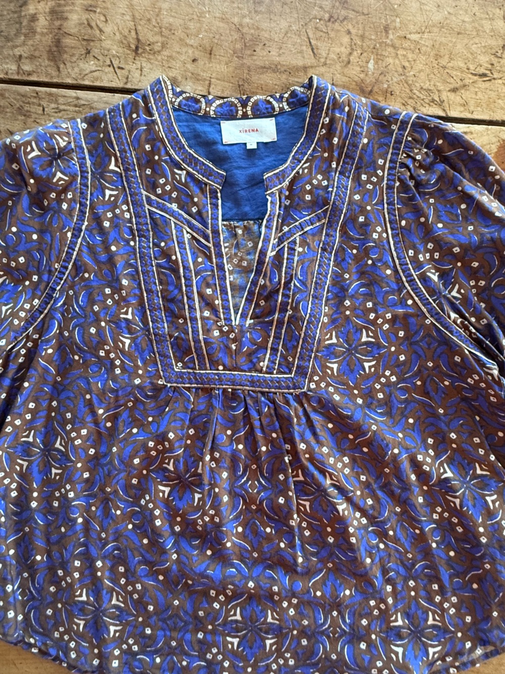 Xirena Blue & Brown Printed Peasant Top